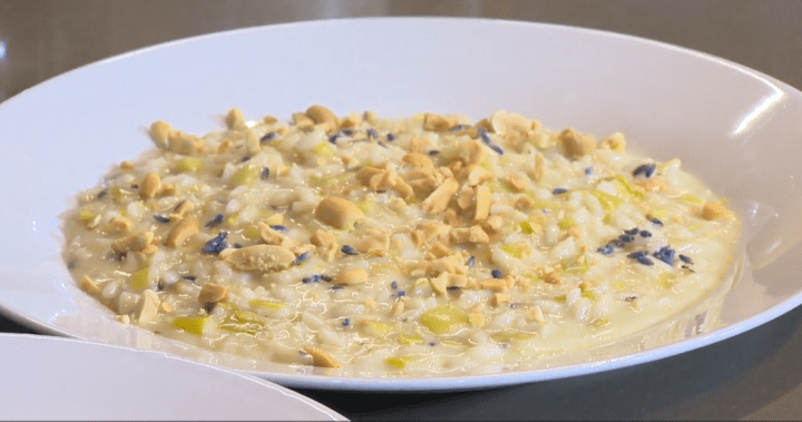 A close-up shot of creamy lavender risotto garnished with toasted almonds and a drizzle of honey.