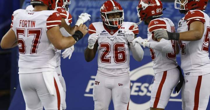 Tyreik McAllister celebrating a touchdown for the Calgary Stampeders against the Winnipeg Blue Bombers.