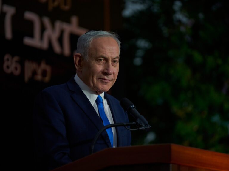 Israeli Prime Minister Benjamin Netanyahu speaks at a memorial event