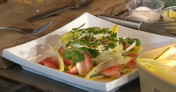 A vibrant Strawberry Burrata Salad with fresh endive, creamy burrata, and herbs, expertly crafted by Chef Mark McEwan.