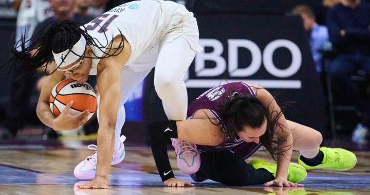 Toronto Tempo's Allisha Gray and Marina Mabrey vie for the ball during WNBA action.