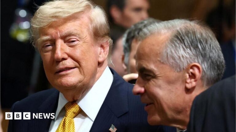 Image of US President Donald Trump and Canadian Prime Minister Mark Carney conversing