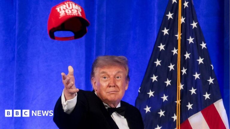 President Trump addressing reporters at the White House Correspondents' Dinner with a mischievous expression.