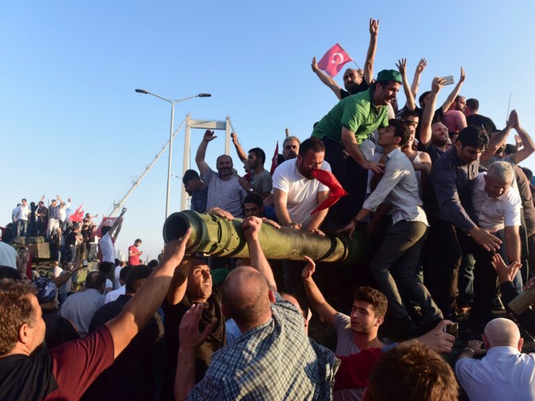 Supporters of Turkish President Recep Tayyip Erdogan celebrate the quashing of the 2016 coup attempt in Istanbul.