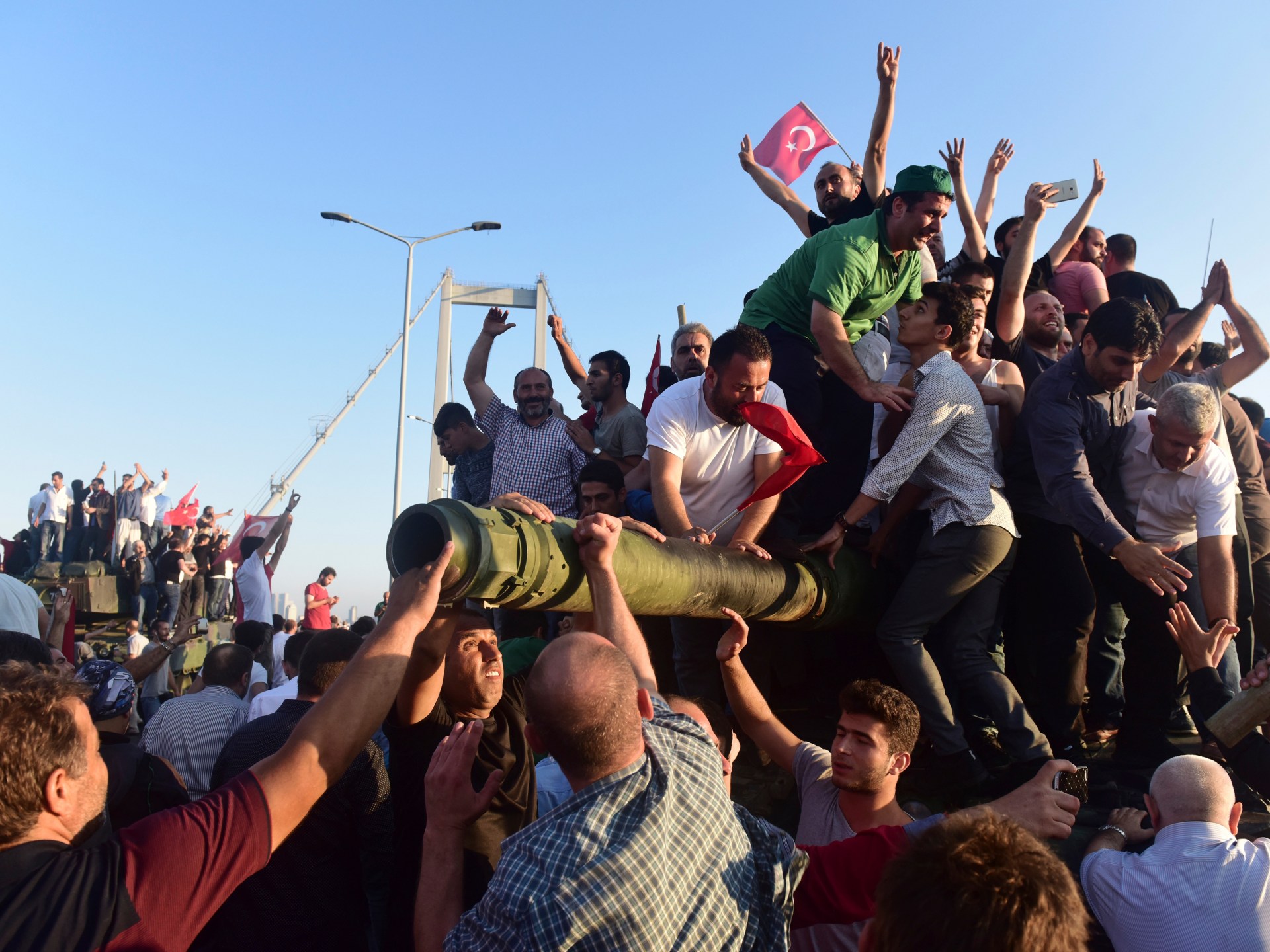Supporters of Turkish President Recep Tayyip Erdogan celebrate the quashing of the 2016 coup attempt in Istanbul.