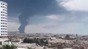 Aerial view of explosions on Qeshm island following US airstrikes.