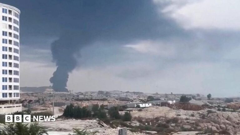 Aerial view of explosions on Qeshm island following US airstrikes.