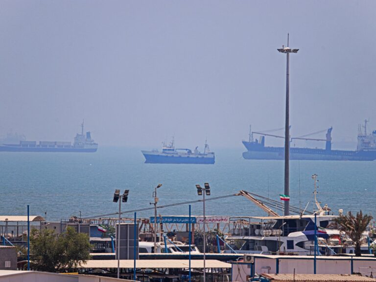 Vessels anchored in Bandar Abbas, Iran, along the Strait of Hormuz during a period of geopolitical tension and naval blockade.
