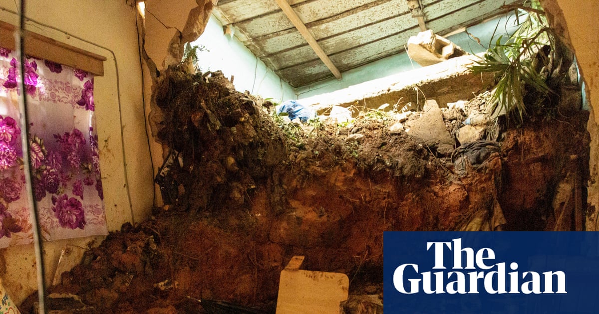 Image of a damaged room with a mudslide breaking through a wall, and residents wading through floodwaters in West Africa.