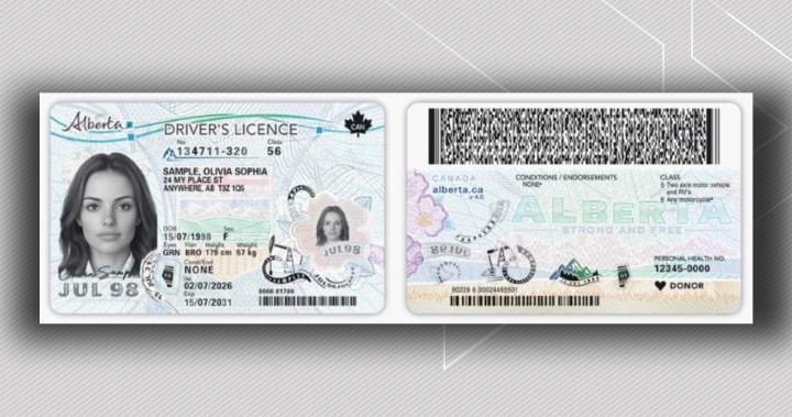 Image of the new Alberta identification card, featuring the combined driver's licence, health care, and citizenship marker.