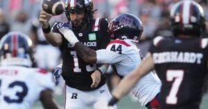 Montreal Alouettes quarterback Davis Alexander celebrates a touchdown pass during their dominant win over the Ottawa Redblacks.