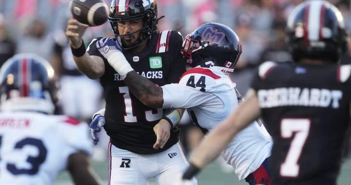 Montreal Alouettes quarterback Davis Alexander celebrates a touchdown pass during their dominant win over the Ottawa Redblacks.