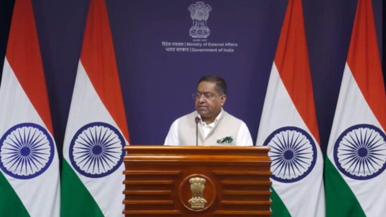 MEA Spokesperson Randhir Jaiswal addressing media, symbolizing India's diplomatic stance.