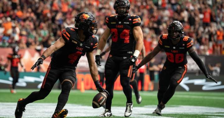 BC Lions Keon Hatcher Sr. celebrates a touchdown with teammates against the Saskatchewan Roughriders.