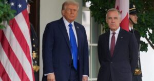 Image of U.S. President Donald Trump and Canadian Prime Minister Mark Carney discussing trade relations, with a pipeline illustration in the background.