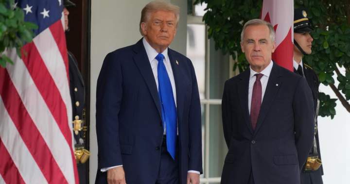 Image of U.S. President Donald Trump and Canadian Prime Minister Mark Carney discussing trade relations, with a pipeline illustration in the background.