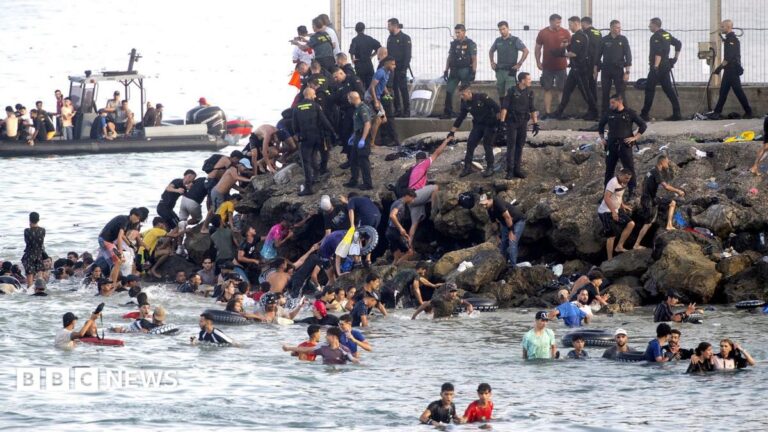 Satellite image showing the Spanish exclave of Ceuta on the North African coast, near Morocco, with migrants in the water.