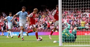 Arsenal's emphatic 3-0 Community Shield victory over Manchester City, featuring goal scorers and new signings, and setting the tone for their Premier League title defense.