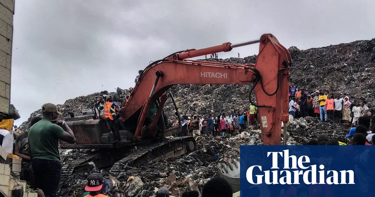 Rescuers and residents searching through the debris of a collapsed waste dump in Conakry, Guinea, after a devastating landslide.