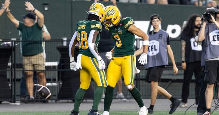 Edmonton Elks players celebrate a touchdown during their CFL game against the Winnipeg Blue Bombers.