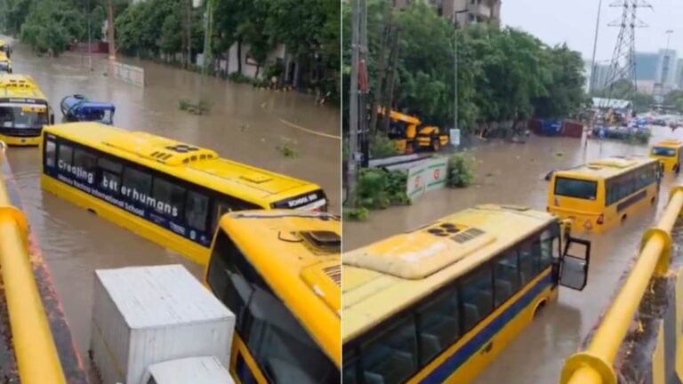 Image of severe waterlogging in Gurugram, with vehicles stuck in deep water after heavy rain.