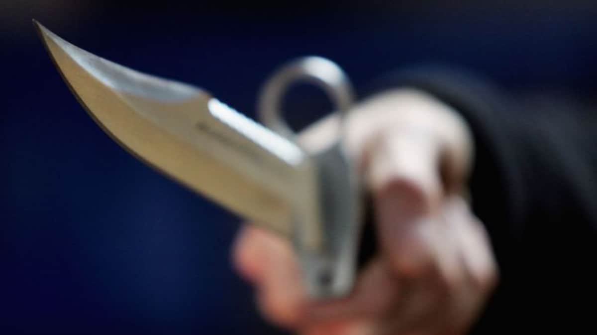 Image of a knife, symbolizing a brutal crime scene in Haryana. The background suggests a grim domestic setting.