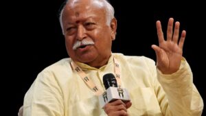 RSS chief Mohan Bhagwat addresses students in Mumbai, India, August 6, 2026. Protests against Hindu nationalism are mounting.