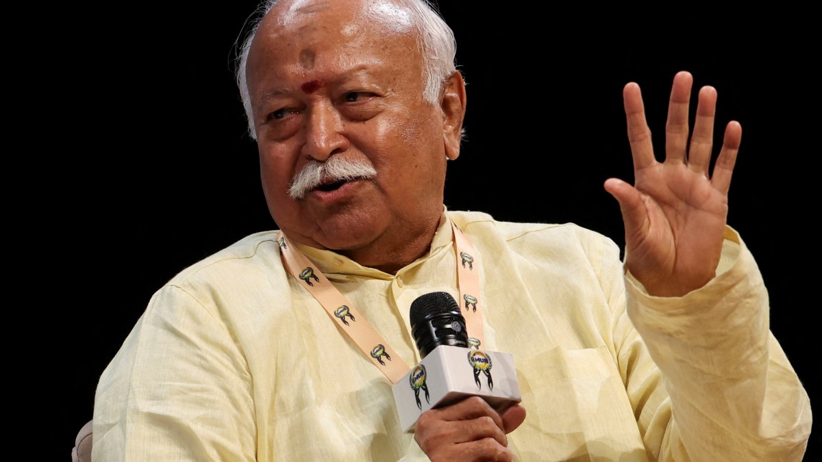 RSS chief Mohan Bhagwat addresses students in Mumbai, India, August 6, 2026. Protests against Hindu nationalism are mounting.