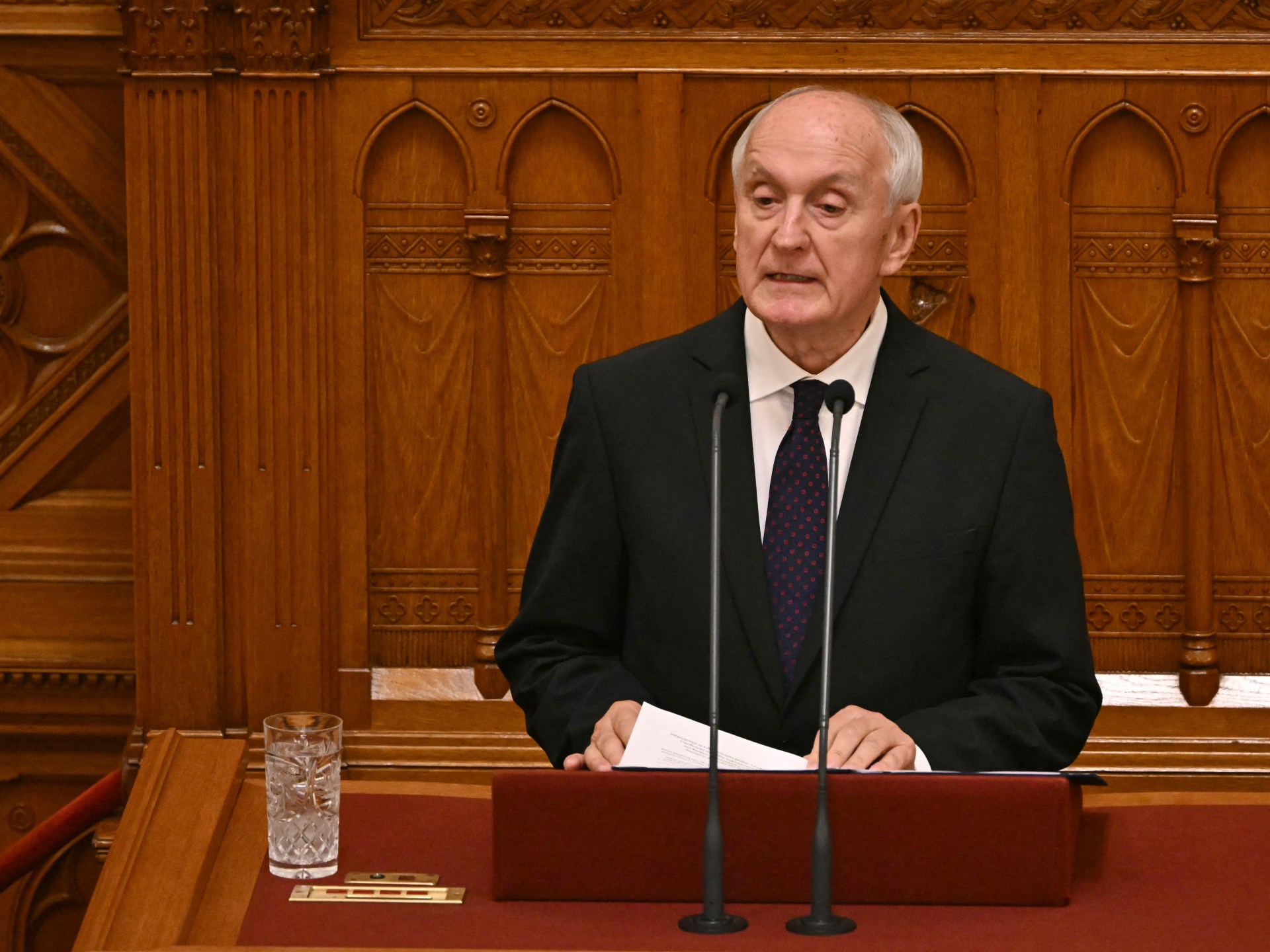 Newly elected Hungarian President Andras Baka delivers a speech in Budapest