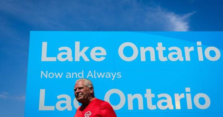 Sign declaring 'Lake Ontario' in Winona, Ontario, amidst renaming controversy.
