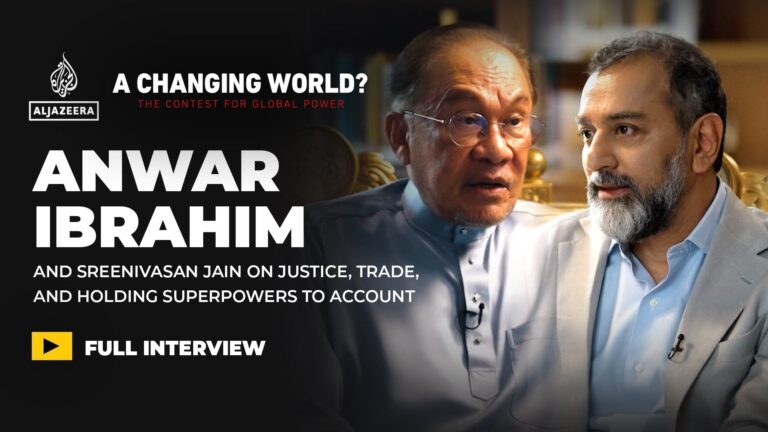 Malaysian Prime Minister Anwar Ibrahim discussing Malaysia's position between global powers.
