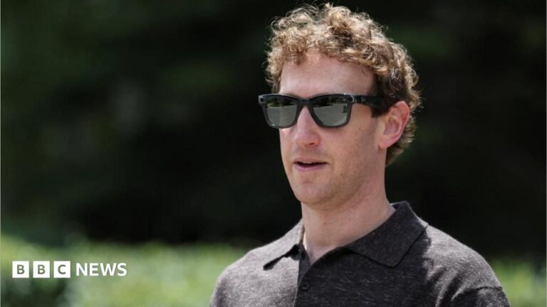 Meta CEO Mark Zuckerberg wearing sunglasses outside, with a green background.