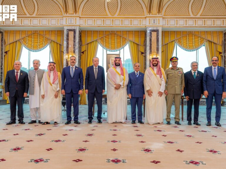 Turkish President Recep Tayyip Erdogan, Saudi Crown Prince Mohammed bin Salman and Pakistan's Prime Minister Shehbaz Sharif after signing a joint defence agreement in Mecca, Saudi Arabia.