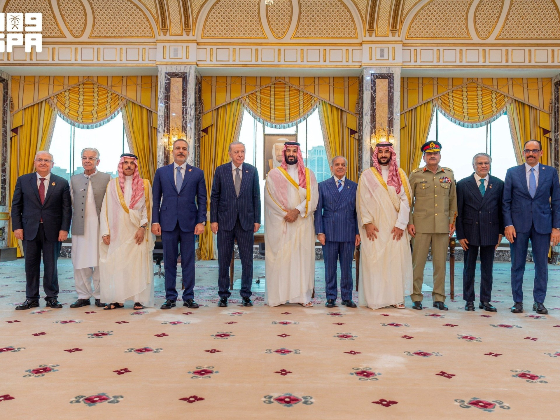 Turkish President Recep Tayyip Erdogan, Saudi Crown Prince Mohammed bin Salman and Pakistan's Prime Minister Shehbaz Sharif after signing a joint defence agreement in Mecca, Saudi Arabia.