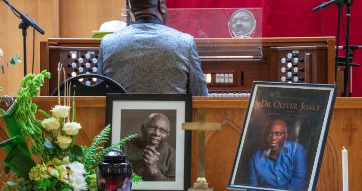 Mourners gather for the funeral of legendary jazz pianist Oliver Jones in Montreal.