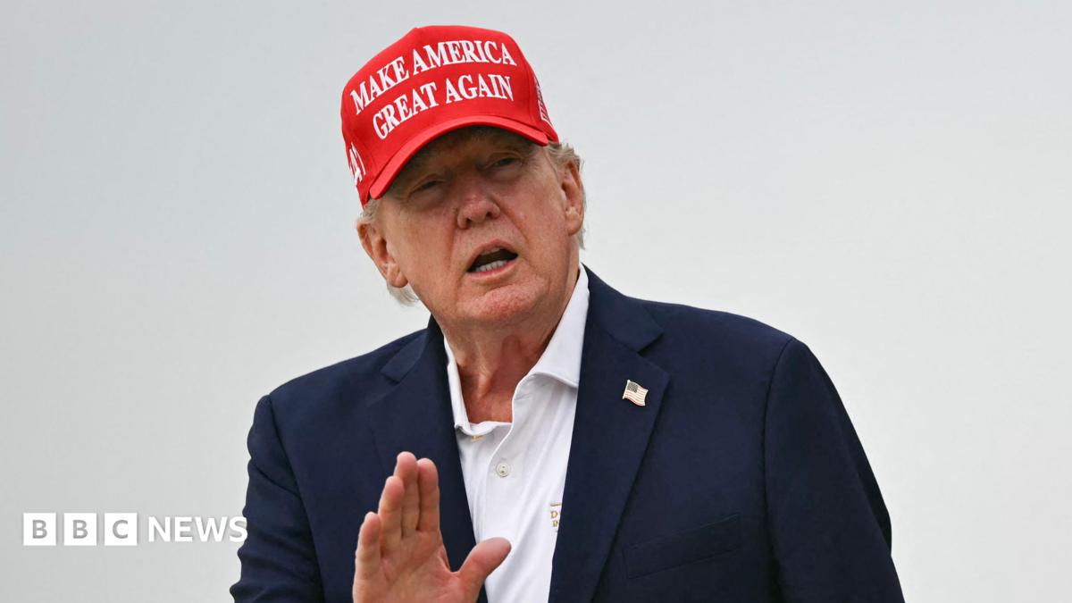 Image shows President Donald Trump speaking outdoors, wearing a 'Make America Great Again' cap, with his hand raised.