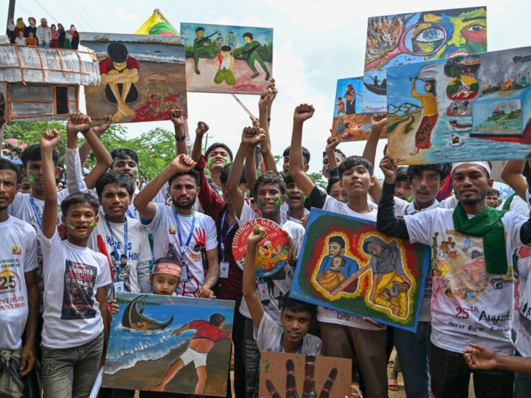 Rohingya refugees rally in Cox's Bazar, Bangladesh, marking nine years since their mass exodus from Myanmar.