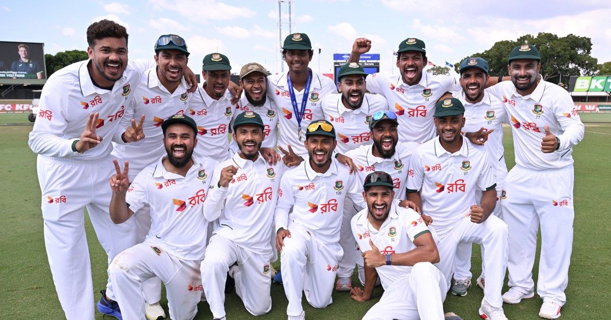 Bangladesh players celebrating their historic Test cricket win against Australia in Darwin, Australia.