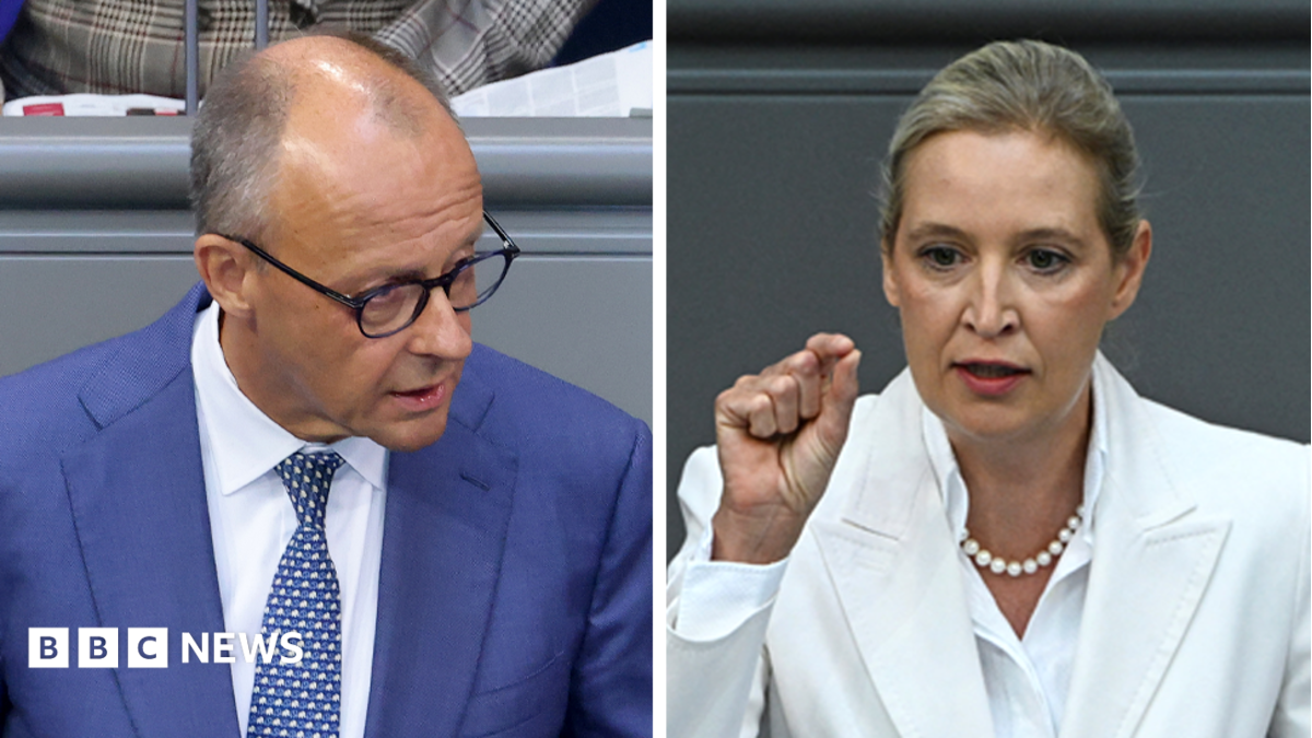 German Chancellor Friedrich Merz and AfD leader Alice Weidel in a tense parliamentary debate after the AfD's election victory.