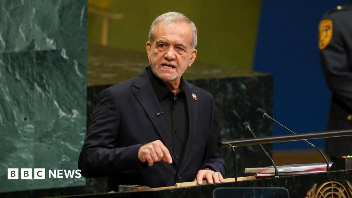 Iranian President Masoud Pezeshkian at the UN General Assembly addressing US pressure.