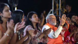 Prime Minister Narendra Modi participating in a modern Bhajan Clubbing event in New Delhi.