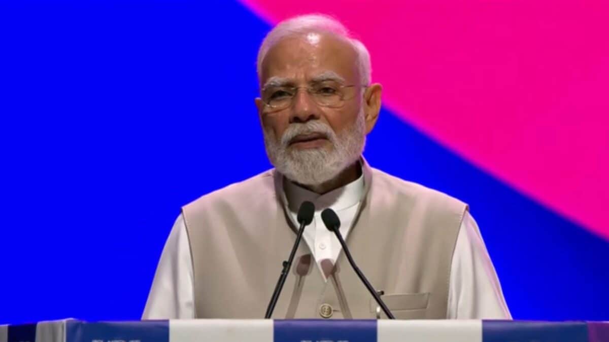 PM Modi addressing BRICS Summit delegates, emphasizing unity and tangible results.