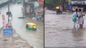 Heavy rainfall causes severe waterlogging and traffic disruptions in Delhi and Gurugram.