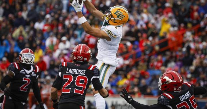 Edmonton Elks player Austin Mack catches a pass during the Labour Day Classic against the Calgary Stampeders.