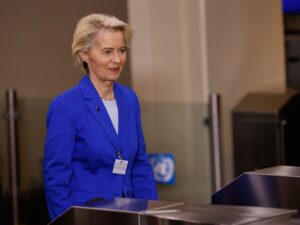 European Commission President Ursula von der Leyen announcing global aid initiatives at the UN.
