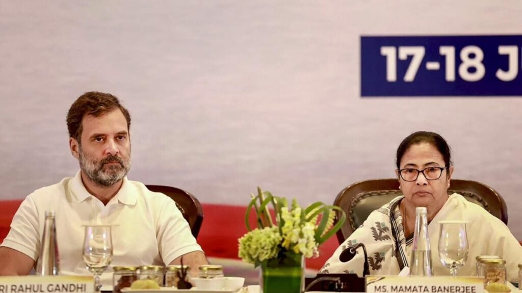 Mamata Banerjee and Rahul Gandhi during a political discussion regarding the INDIA bloc leadership.