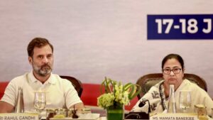 Mamata Banerjee and Rahul Gandhi during a political discussion regarding the INDIA bloc leadership.
