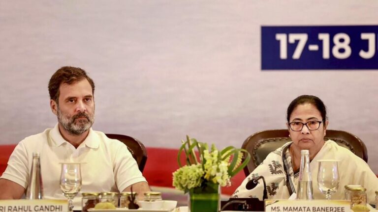 Mamata Banerjee and Rahul Gandhi during a political discussion regarding the INDIA bloc leadership.