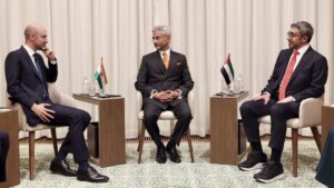Diplomats from India, France, and the UAE meeting at UNGA81 to discuss the new AI partnership.