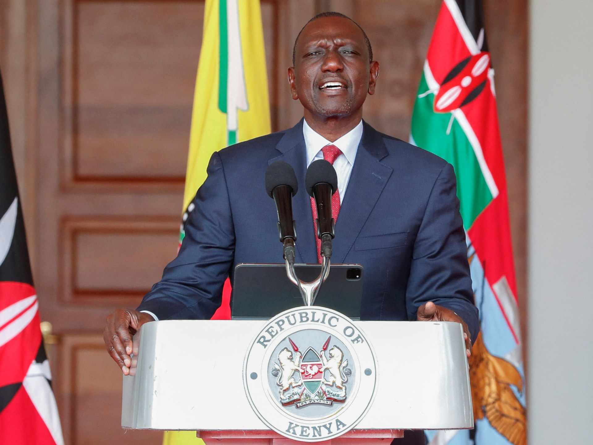 Kenyan President William Ruto addresses traders, emphasizing local business protection.